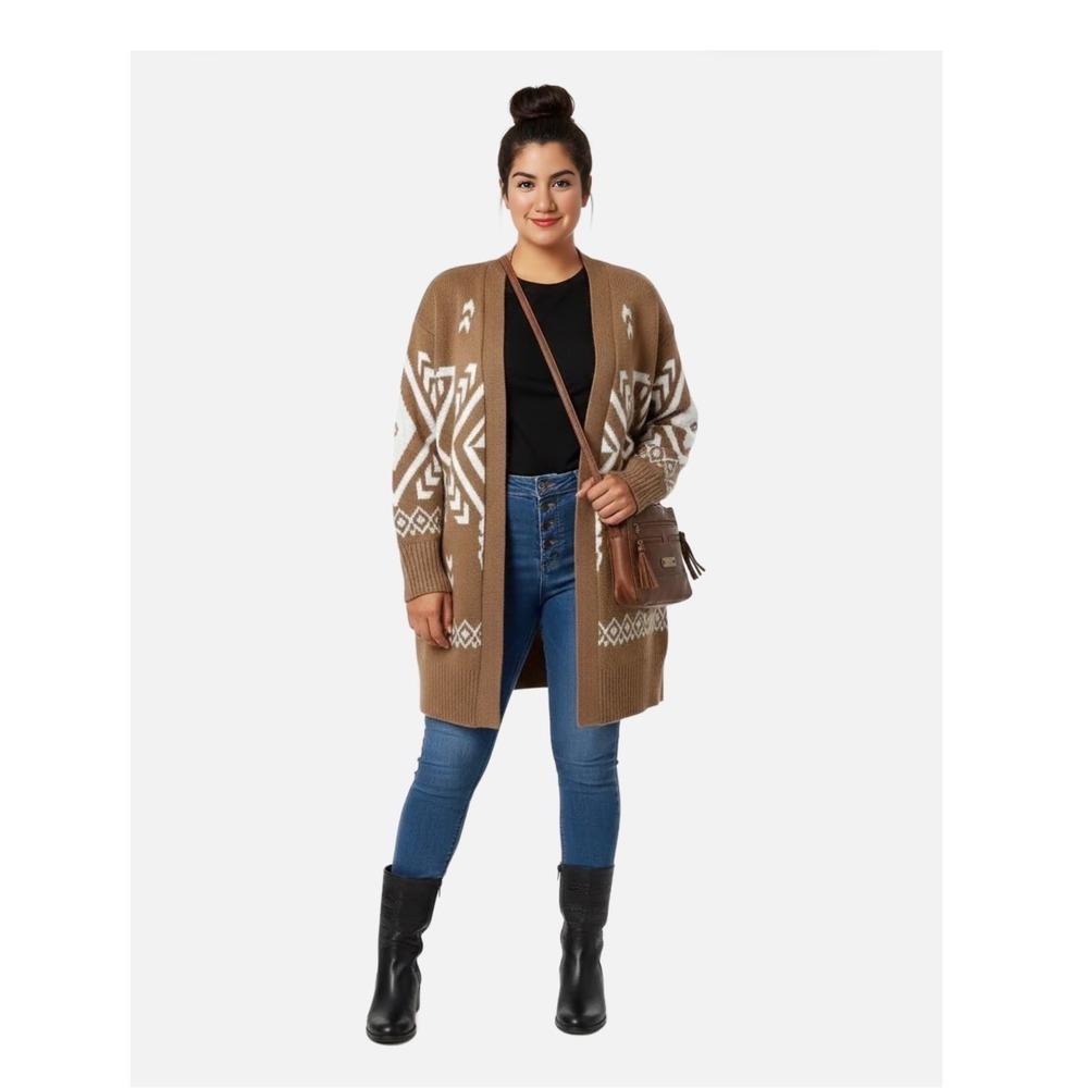 Ruby Moon Women Tan White Geometric Pattern Long Open Front Cardigan Sweater XS